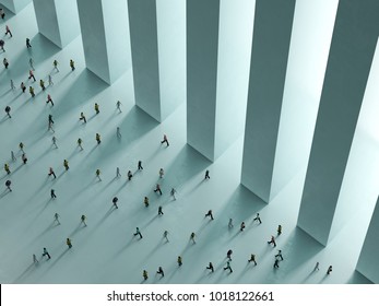 People Walking Against The White Background Top View 3D Rendering