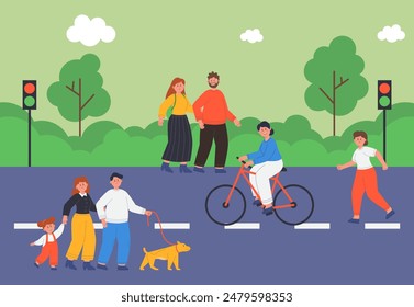 People walking along city street flat vector illustration. Female cyclist riding bicycle or bike, family with kid walking dog, woman running. Park in background. Outdoor activity, town concept - Powered by Shutterstock