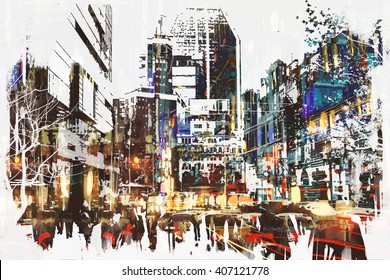 People Walking In City With Abstract Grunge Painting,illustration Art