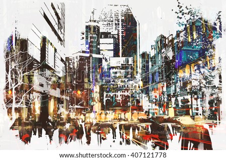 people walking in city with abstract grunge painting,illustration art
