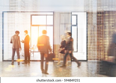 People Walking In A Modern Office Lobby With A Conference Room With Glass Walls. There Is A Wooden Door And A Wall Fragment. 3d Rendering, Mock Up, Toned Image, Double Exposure