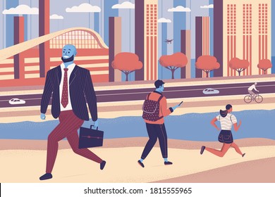 People walking on the street with cityscape background. Landscape with skyscraper. Pedestrians men and women characters and cyclist hurry at work. Cartoon flat illustration. - Powered by Shutterstock