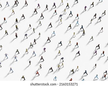 People Walking On White Background Top View 3D Rendering