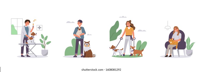 People Walking, Relaxing with Pets Set. Veterinarian vaccinating Dog in Vet Clinic. Woman and Man Characters Taking Care of Animals. Dog and Cat Pet Sitters Concept. Flat Cartoon Illustration. - Powered by Shutterstock