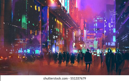 people walking in the sci-fi city at night with colorful light,illustration painting