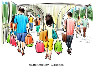 People Walking In Shopping Mall Cartoon Drawing