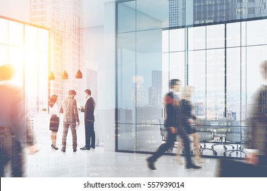 People Walking And Standing In A Busy Office Of A Large Company. There Is A Reception Counter In The Corner And A Meeting Room With Glass Walls. 3d Rendering. Mock Up. Toned Image. Double Exposure