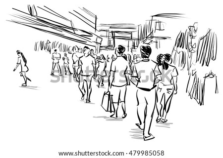 People Walking Street Market Ink Drawing Stock Illustration