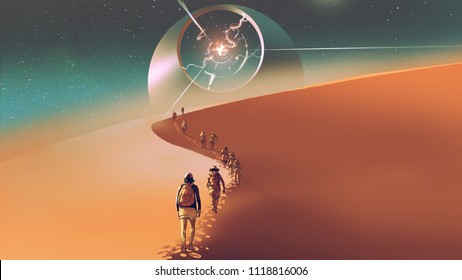 people walking through a desert to the mysterious building, digital art style, illustration painting