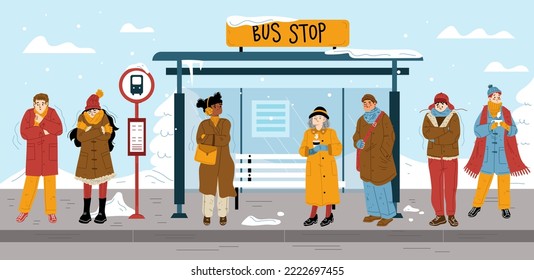 People In Warm Clothes Standing On Bus Stop In Winter. Winter Landscape With Bus Shelter, Snow, Road And Diverse Characters Freeze In Cold Weather, Illustration