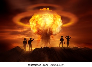 People Watching The End Of The World As A Nuclear Bomb Explodes In Front Of Them. Mixed Media Illustration.