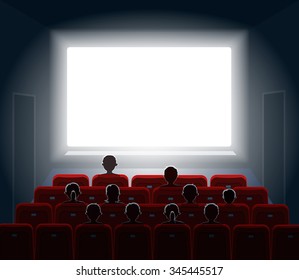 People Watching Movie At Cinema Hall. Film Screen, Show Or Concert. Illustration.