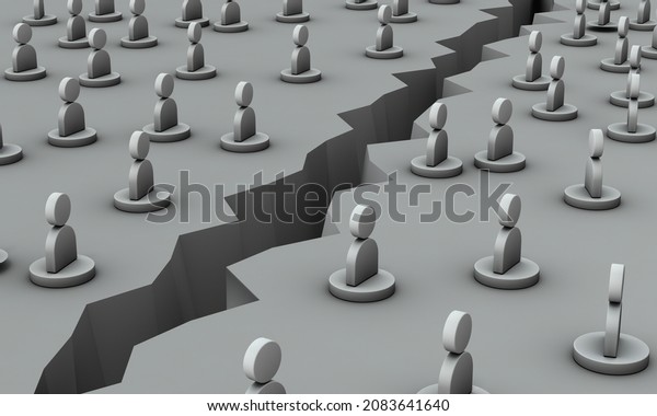People who were divided into two areas by a deep\
crack.People are depicted with abstract piece symbols.Concept\
illustration. 3D rendering.\
