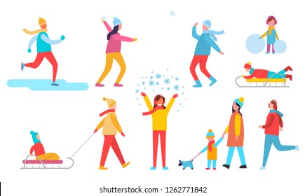 People Winter Action Collection Of Icons, Skiing Man, Male And Female Playing Snowball Fight, Kids On Sleds, Family With Dog Raster Illustration