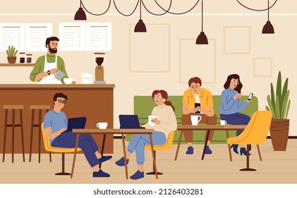 People work in cafe. Barista working, freelancer drinking coffee and using computer. Coworking space, modern community swanky concept - Powered by Shutterstock