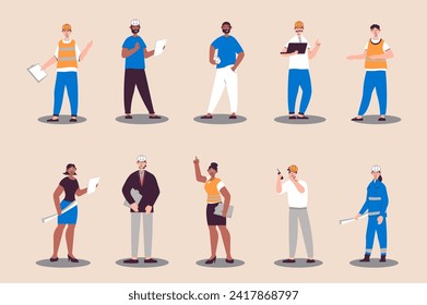 People work as engineers set in flat design. Men and women with helmets hold blueprints, architects, technician and builders. Bundle of diverse characters. Illustration isolated persons for web - Powered by Shutterstock