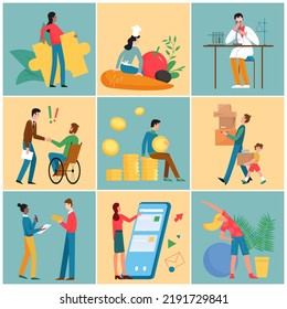 People Work Talk Study Communicate, Sport Activity Illustration Set. Cartoon Tiny Active Man Scientist Working, Woman Using Big Phone Social Media Communication, Happy Family Move Background