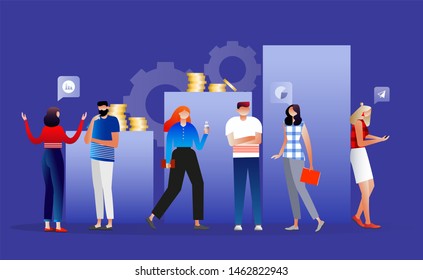 People work in a team and interact with graphs. Business, leadership, workflow management, office situations. Landing page template. Flat illustration. Character design