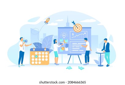 People work together making a plan on a board, mark tasks, track execution of tasks. Business planning, management, organization, success strategy. Working process, teamwork communication. Raster copy - Powered by Shutterstock