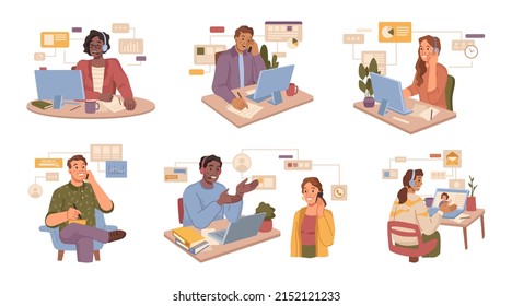 People working with clients and customers communicate over phone isolated flat cartoon characters at work set. workers with laptops and computers, video conference or meeting with team - Powered by Shutterstock