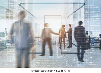 People Working In An Open Office With A Glass Aquarium With Conference Room Inside. Concept Of A Modern Workplace. 3d Rendering, Toned Image, Double Exposure