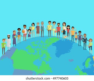 People Of The World  Concept In Flat Design On The Abstract Globe. Couples With Children. Peoples Of All Ages And Human Races In National Clothes, Different Poses And Variety Professions