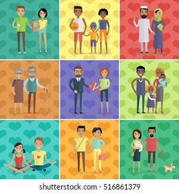 People Of The World  Concept In Flat Design. Collection Of Couples With Children. Peoples Of All Ages And Human Races In National Clothes, Different Poses And Variety Professions. 