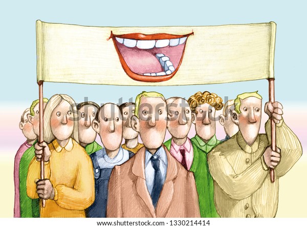 people\'s crowd\
without mouth under banner feels a great mouth allegory of\
representation political common\
voice