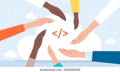 People's hands hold programming icon. Online programing or coding or mobile app or website development course banner design concept. PC language learning. Flat illustration