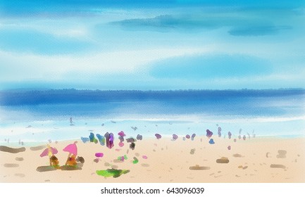  Peoples Are Relax In Beach  And Tropical Sea Watercolors  Or Water Color Painting 