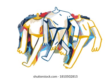 Peoples Walking, Line Art People With Rough Color. Painting, Modern Abstract Graffiti Illustration. Paint With Primary Color. Contemporary Art For Print And Poster	