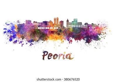 Peoria skyline in watercolor splatters