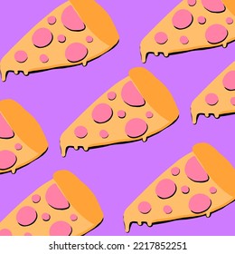 Pepperoni Pizza Pattern On Purple Background.