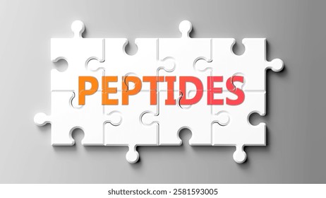 Peptides complex like a puzzle - pictured as word peptides on a puzzle pieces to show that peptides is complex and needs cooperating pieces that fit together.