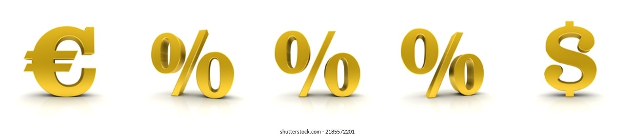 Percent Sign Golden Percentage Symbol Euro Dollar Icons 3d Rendering