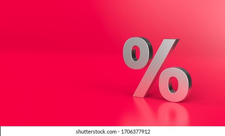Percentage icon 3D white on red background 3d illustration. Shiny and Metal Isolated Percent or discount Symbol. Sale discount half price