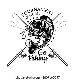 Perch Fish Bend With Crossed Fishing Rod In Engrving Style. Label For Fishing, Championship And Sport Club On White