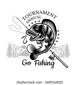 Perch Fish Bend With Fishing Rod And Landscape Backside In Engrving Style. Label For Fishing, Championship And Sport Club On White