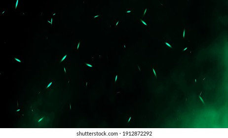 Perfect green fire particles embers sparks on isolated black background . Texture overlays. Explosion burn effect.