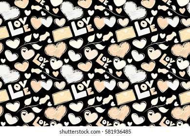 Perfect image in beige colors on black background for wallpaper, web page, textile, greeting cards and wedding invitations. Valentine raster seamless pattern with letter, rose and hearts.