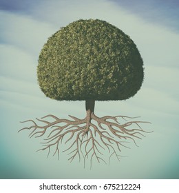 A Perfect Tree With Green Leaves In The Shape Of Sphere With Roots Underground. This Is A 3d Render Illustration