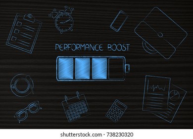 performance boost at work conceptual illustration: battery and caption among by office-related objects
