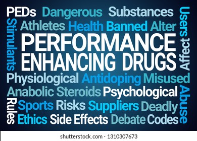 Performance Enhancing Drugs Word Cloud On Blue Background