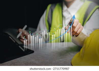 Performance improvement concept, worker pointing upward growth curve with analytics indicators, operational productivity enhancement, strategic planning efficiency, business progress tracking clarity