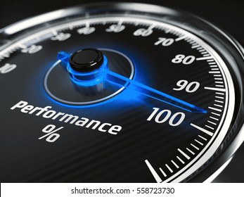 Performance level meter with arrow on 100%, 3d render