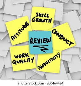 Performance Review Words On Yellow Sticky Notes Including Attitude, Work Quality