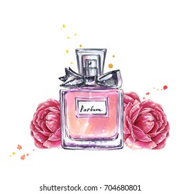 Perfume Bottle And Flowers. Watercolor Illustration In Sketch Style