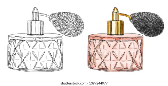 Perfume bottle, hand drawn fashion illustration in elegance style
