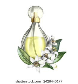 A perfume bottle made of transparent glass and orange blossom flowers. Vintage yellow perfume with the scent of citrus flowers. A hand-drawn watercolor illustration. For packaging, postcard and label - Powered by Shutterstock