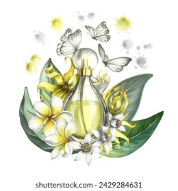 A perfume bottle made of transparent glass with flowers of plumeria, frangipani, orange blossom and ylang-ylang. Vintage yellow perfume with butterflies, splashes. Hand-drawn watercolor illustration. - Powered by Shutterstock